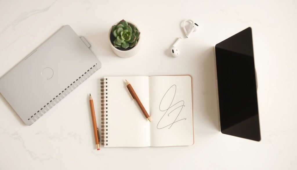 블로그 글쓰기 - flat lay of notebook, pen, and laptop on white desk, blog writing strategy concept