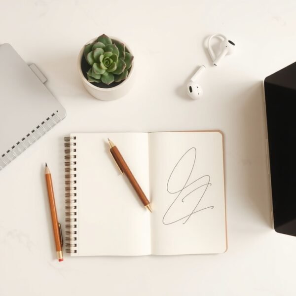 블로그 글쓰기 - flat lay of notebook, pen, and laptop on white desk, blog writing strategy concept