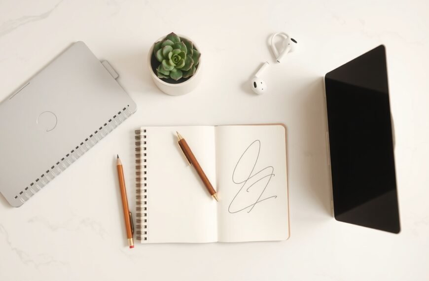 블로그 글쓰기 - flat lay of notebook, pen, and laptop on white desk, blog writing strategy concept