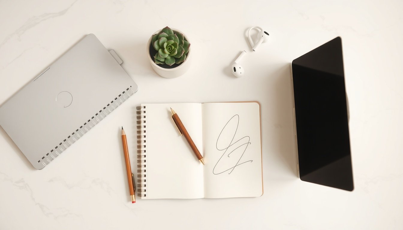 블로그 글쓰기 - flat lay of notebook, pen, and laptop on white desk, blog writing strategy concept