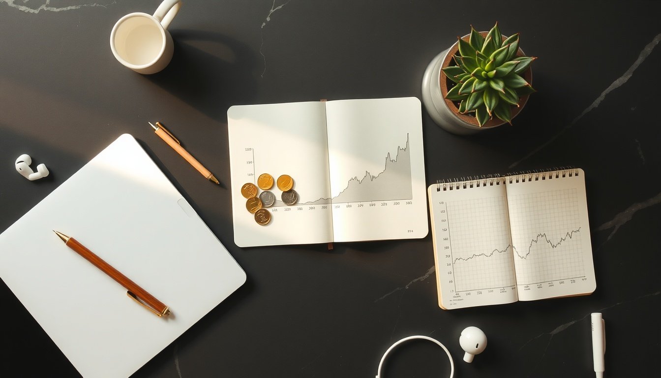 환율 전망 - flat lay of gold coins, US dollar bills, and investment portfolio chart on dark background, currency and asset diversification strategy