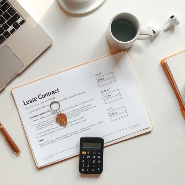 전세 대출 - flat lay of Korean apartment lease contract document, house key and calculator on white desk, jeonse loan concept