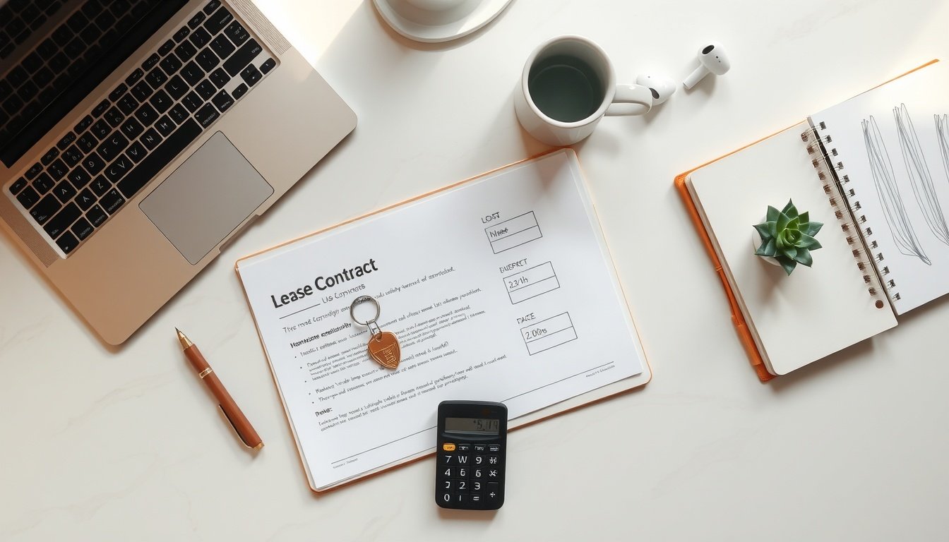 전세 대출 - flat lay of Korean apartment lease contract document, house key and calculator on white desk, jeonse loan concept