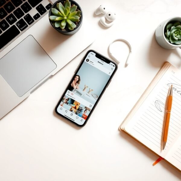 인스타 스토리 - flat lay of smartphone displaying Instagram Stories interface on white desk, social media strategy concept