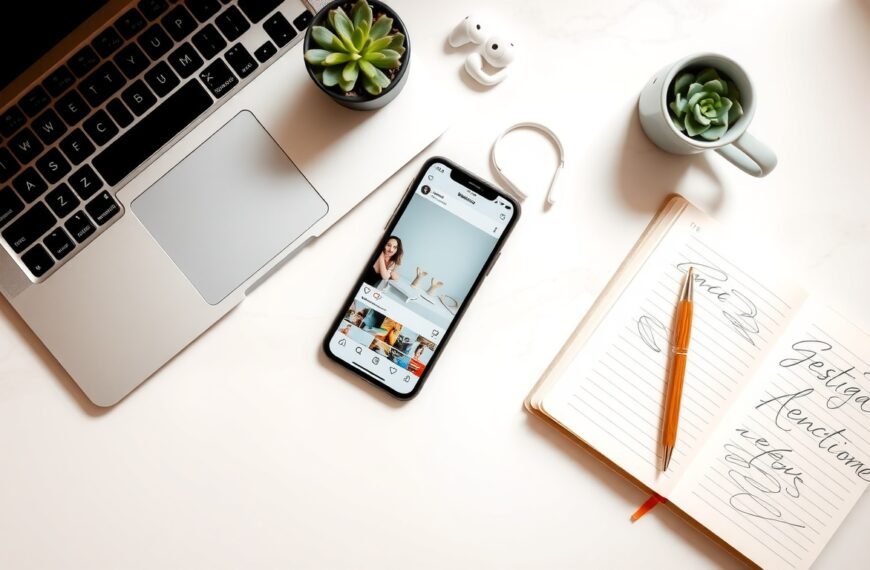 인스타 스토리 - flat lay of smartphone displaying Instagram Stories interface on white desk, social media strategy concept