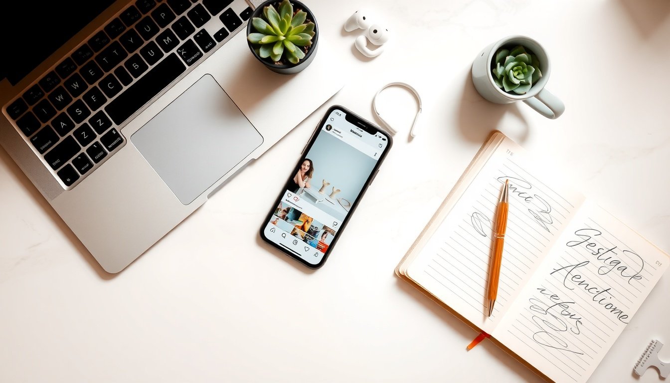 인스타 스토리 - flat lay of smartphone displaying Instagram Stories interface on white desk, social media strategy concept