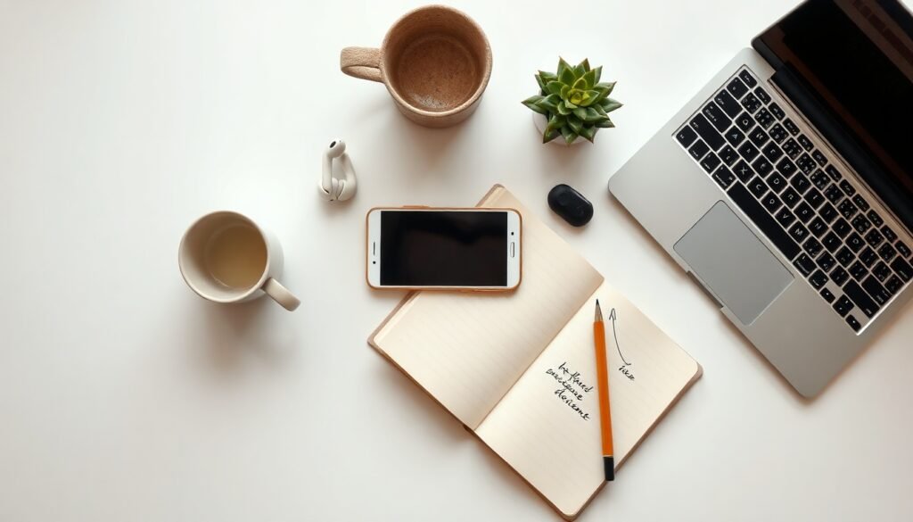 안산시 청년창업 - flat lay of startup business items including notebook, pen, and smartphone on white desk, ANSAN startup youth entrepreneurship festival concept