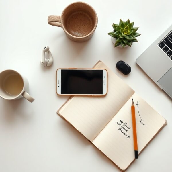 안산시 청년창업 - flat lay of startup business items including notebook, pen, and smartphone on white desk, ANSAN startup youth entrepreneurship festival concept