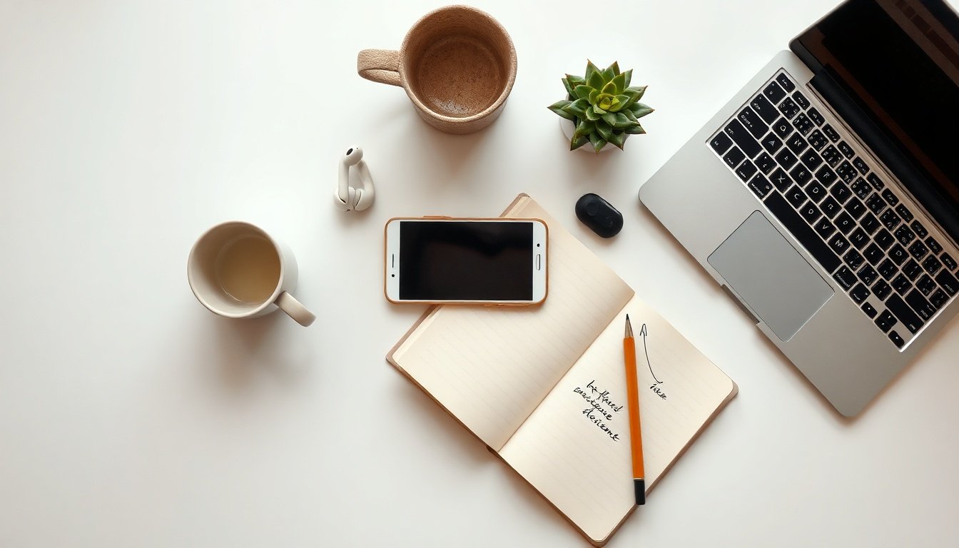 안산시 청년창업 - flat lay of startup business items including notebook, pen, and smartphone on white desk, ANSAN startup youth entrepreneurship festival concept