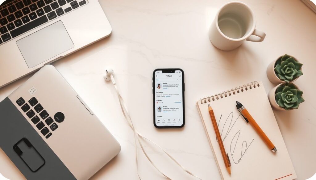 숏폼 콘텐츠 - flat lay of smartphone showing short-form content on social media app, modern desk setup with notebook and coffee