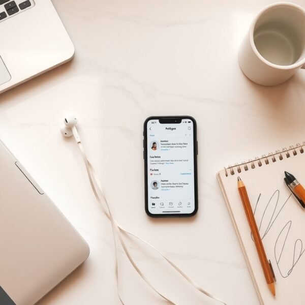 숏폼 콘텐츠 - flat lay of smartphone showing short-form content on social media app, modern desk setup with notebook and coffee