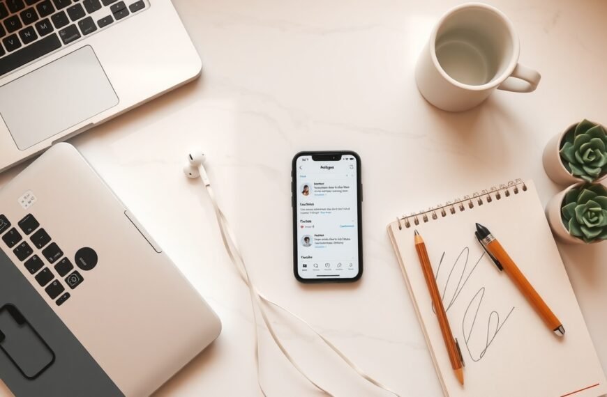 숏폼 콘텐츠 - flat lay of smartphone showing short-form content on social media app, modern desk setup with notebook and coffee