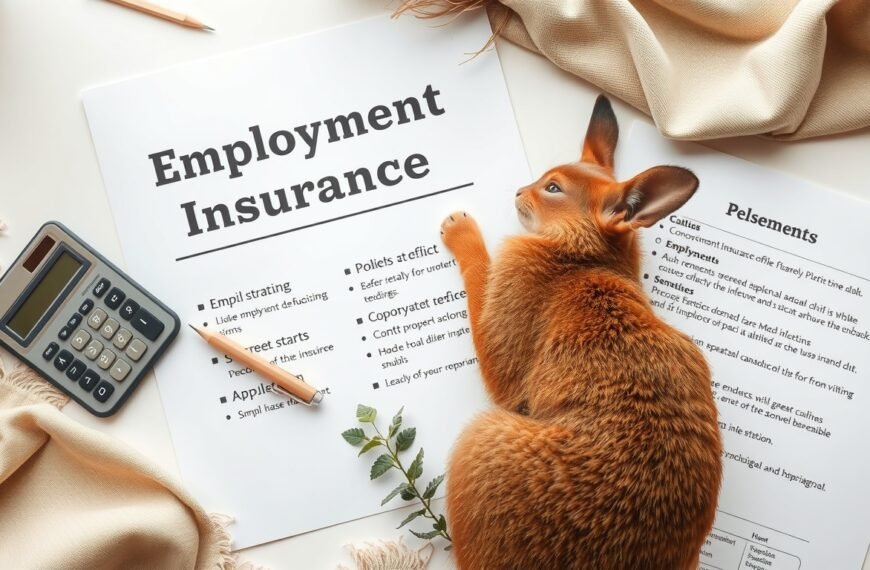 실업급여 신청 - flat lay of employment insurance documents, calculator and pen on white desk, unemployment benefit application concept