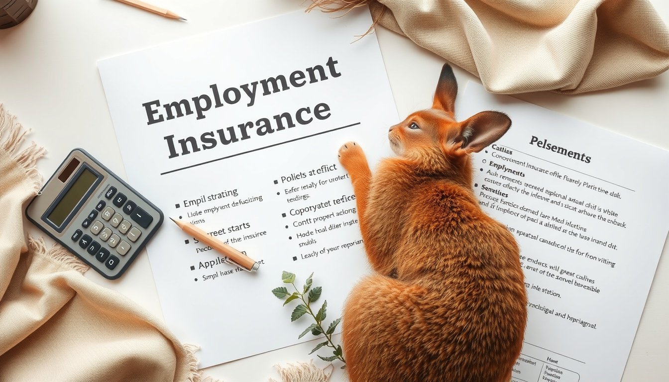 실업급여 신청 - flat lay of employment insurance documents, calculator and pen on white desk, unemployment benefit application concept