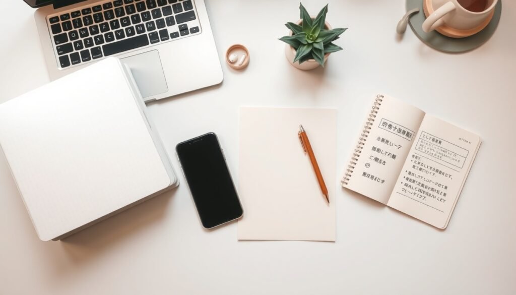 AI 번역 - flat lay of laptop, smartphone, and multilingual documents on white desk, AI translation concept