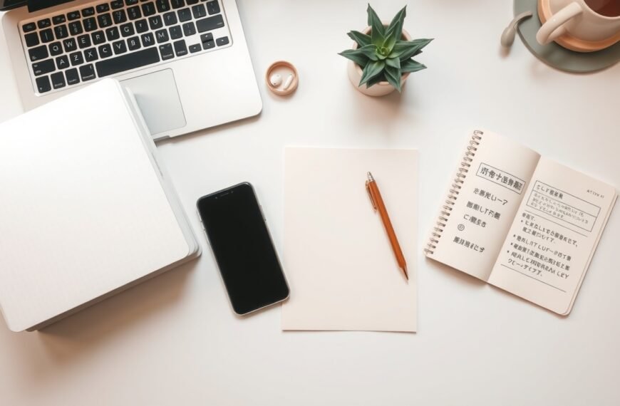 AI 번역 - flat lay of laptop, smartphone, and multilingual documents on white desk, AI translation concept