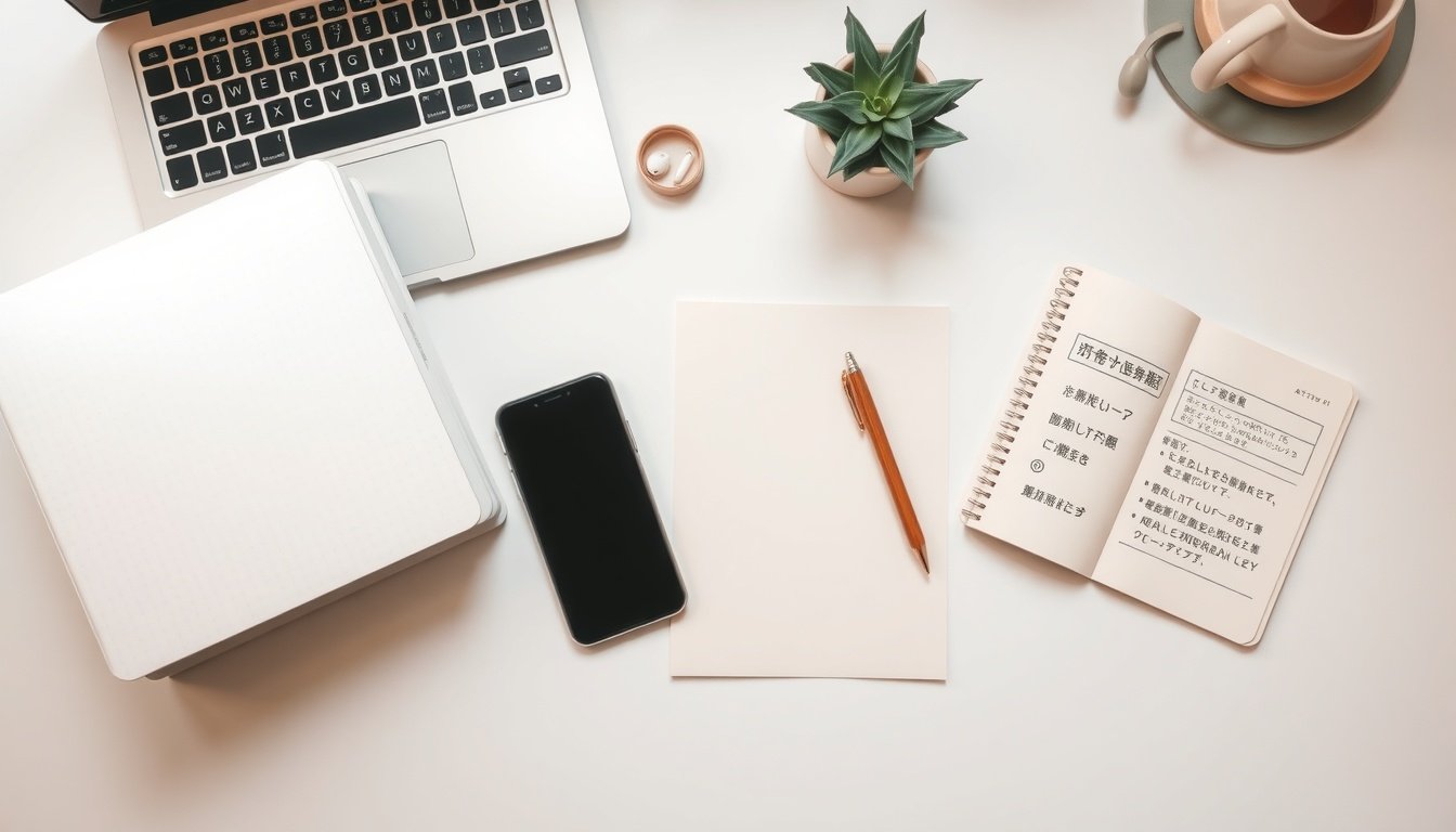AI 번역 - flat lay of laptop, smartphone, and multilingual documents on white desk, AI translation concept