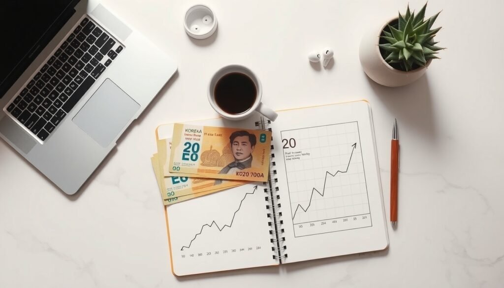 금리 전망 - flat lay of Korean won banknotes and interest rate chart graph on white desk, 2026 interest rate forecast concept