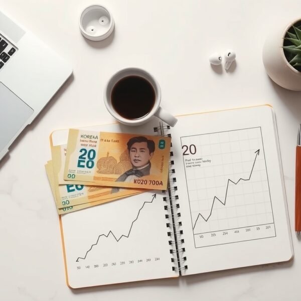 금리 전망 - flat lay of Korean won banknotes and interest rate chart graph on white desk, 2026 interest rate forecast concept