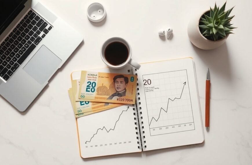 금리 전망 - flat lay of Korean won banknotes and interest rate chart graph on white desk, 2026 interest rate forecast concept