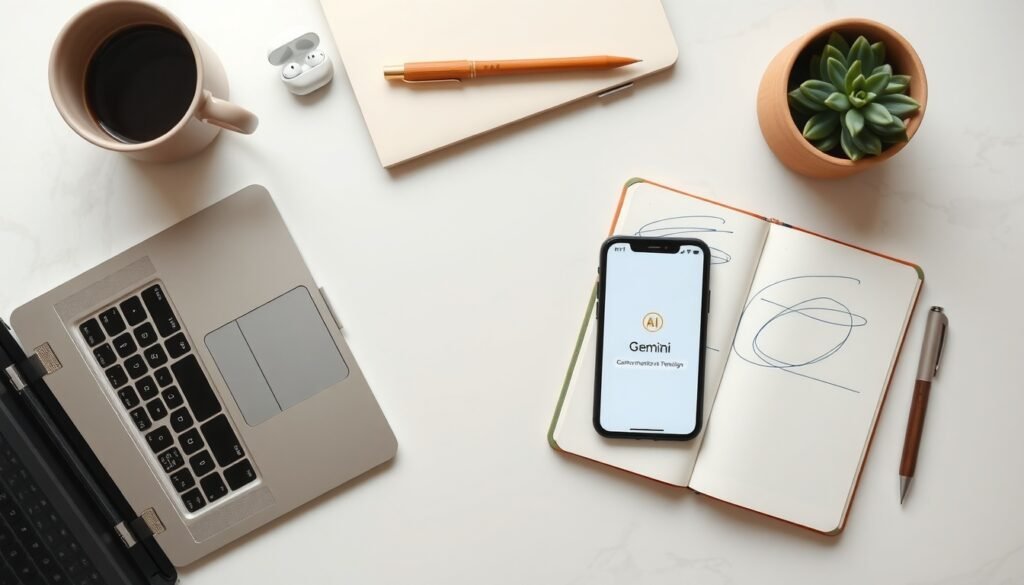 제미나이 AI - flat lay of smartphone displaying Google Gemini AI interface on white desk with notebook and pen, Gemini AI concept