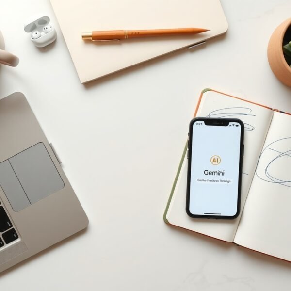 제미나이 AI - flat lay of smartphone displaying Google Gemini AI interface on white desk with notebook and pen, Gemini AI concept