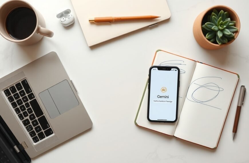 제미나이 AI - flat lay of smartphone displaying Google Gemini AI interface on white desk with notebook and pen, Gemini AI concept