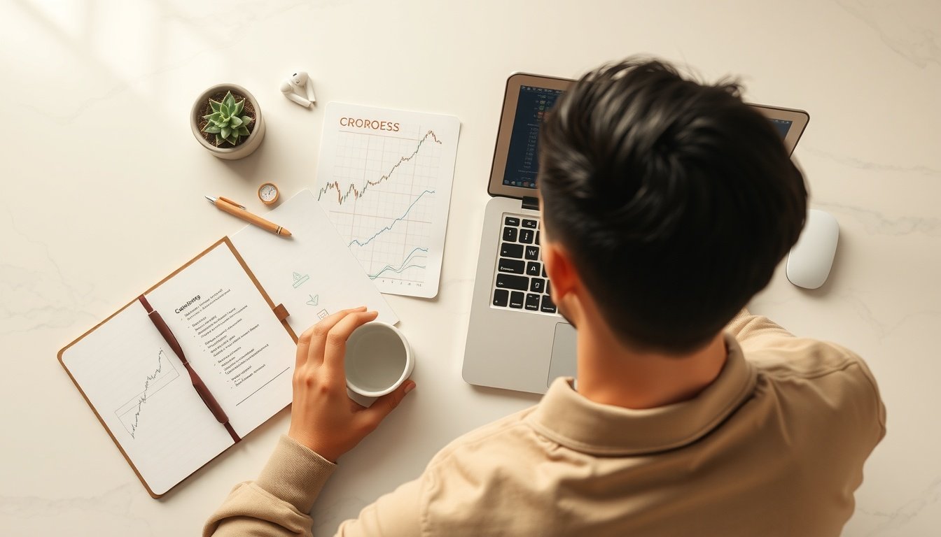 금 투자 - Korean man upper body shot with face visible, reviewing gold investment chart on laptop screen in office, natural hands