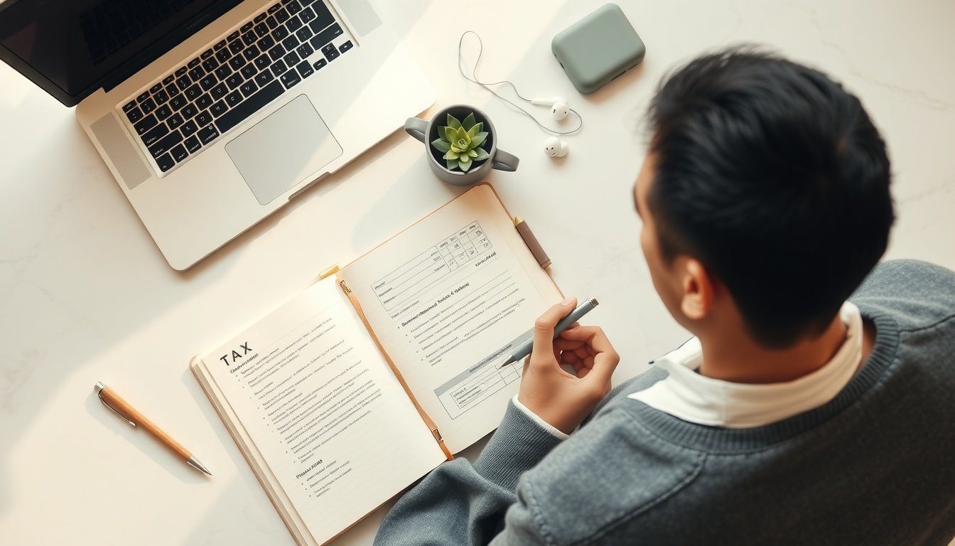 연말정산 - Korean man upper body shot with face visible, reviewing tax documents on laptop in office, natural hands, year-end tax settlement