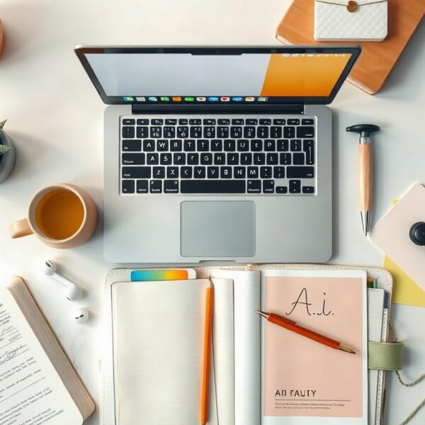 AI 영상 제작 - flat lay of laptop showing AI video editing interface with colorful timeline, AI video production concept on white desk