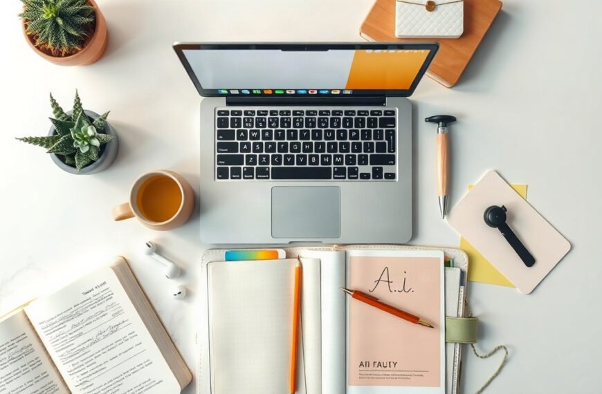 AI 영상 제작 - flat lay of laptop showing AI video editing interface with colorful timeline, AI video production concept on white desk