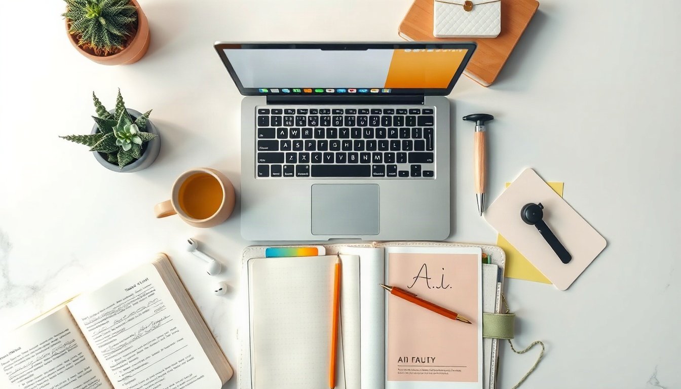 AI 영상 제작 - flat lay of laptop showing AI video editing interface with colorful timeline, AI video production concept on white desk