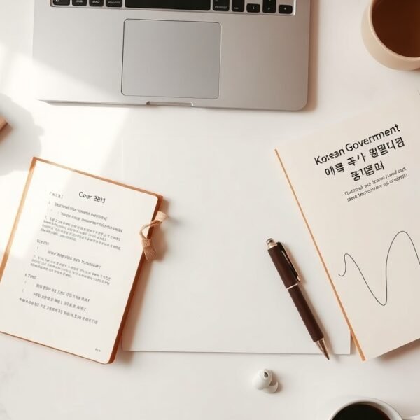 인천공항 항만공사 - flat lay of job application documents and Korean government support program brochure on white desk, Incheon Airport youth employment support concept