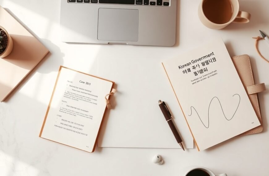 인천공항 항만공사 - flat lay of job application documents and Korean government support program brochure on white desk, Incheon Airport youth employment support concept
