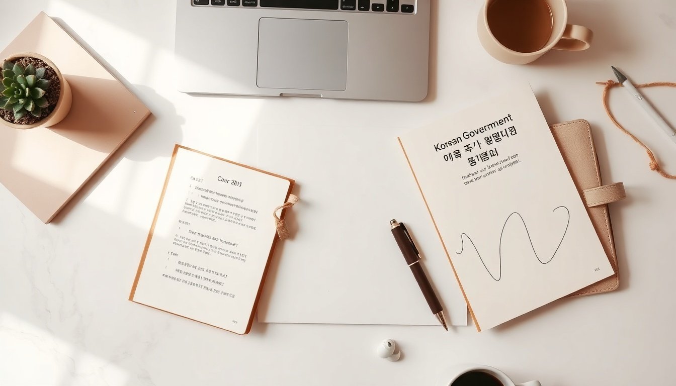 인천공항 항만공사 - flat lay of job application documents and Korean government support program brochure on white desk, Incheon Airport youth employment support concept