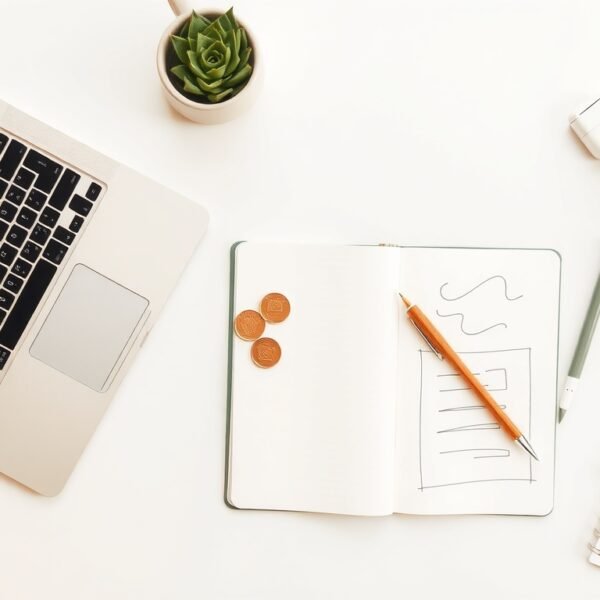 거창군 자립 - flat lay of business startup documents, coins, and notebook on clean white desk, Korean youth self-reliance support fund concept