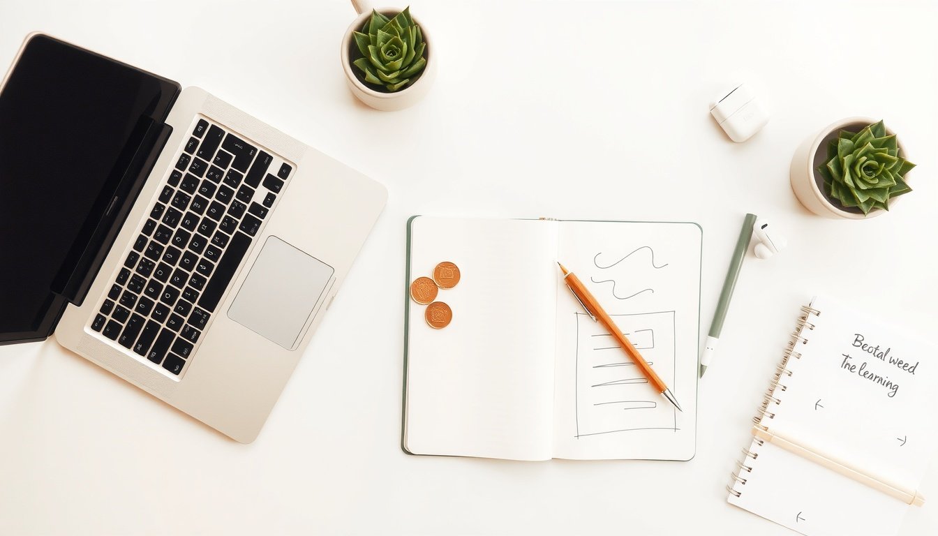거창군 자립 - flat lay of business startup documents, coins, and notebook on clean white desk, Korean youth self-reliance support fund concept