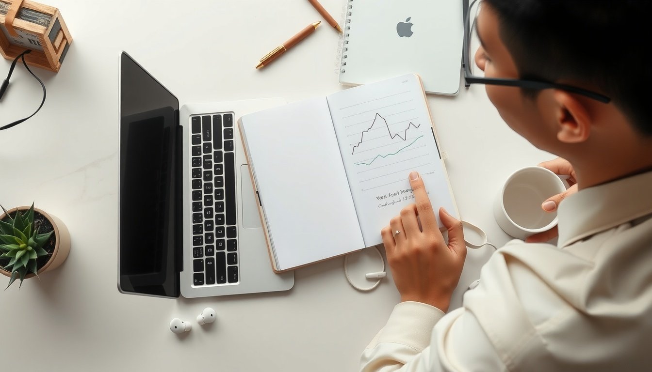 ETF 투자 - Korean man in his 30s, upper body shot with face visible, looking at ETF investment portfolio on laptop screen in home office, natural hands