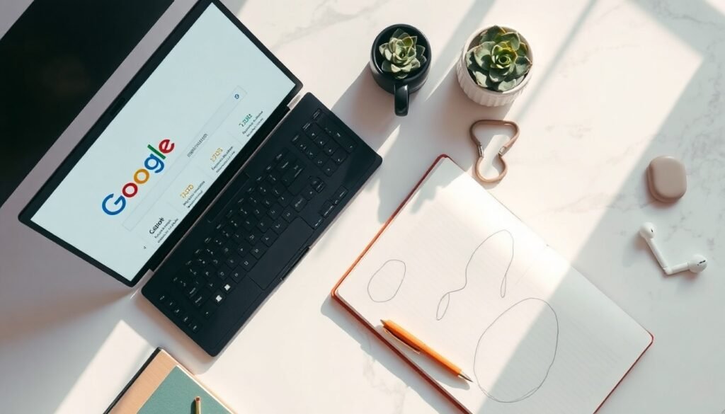 SEO 최적화 방법 - flat lay of laptop showing Google search results with SEO optimization strategy concept, notebook and pen on white desk