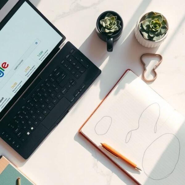 SEO 최적화 방법 - flat lay of laptop showing Google search results with SEO optimization strategy concept, notebook and pen on white desk