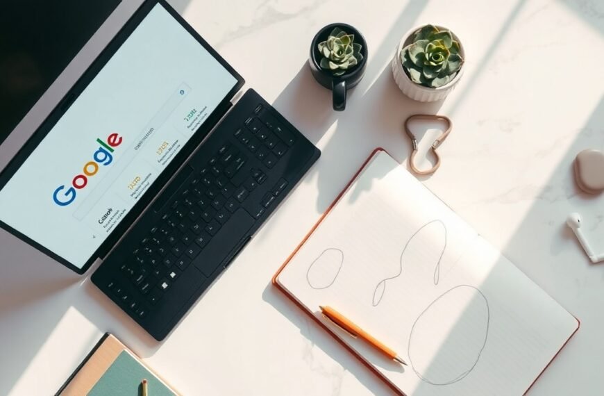 SEO 최적화 방법 - flat lay of laptop showing Google search results with SEO optimization strategy concept, notebook and pen on white desk