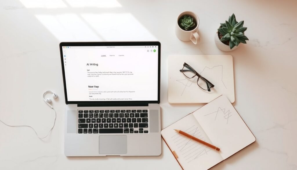 AI 글쓰기 - flat lay of laptop with AI writing interface on screen, notebook and pen beside it, modern clean desk setup, AI writing concept