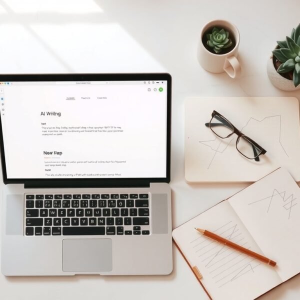 AI 글쓰기 - flat lay of laptop with AI writing interface on screen, notebook and pen beside it, modern clean desk setup, AI writing concept