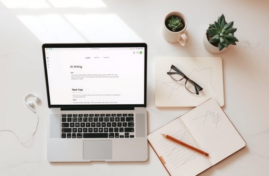 AI 글쓰기 - flat lay of laptop with AI writing interface on screen, notebook and pen beside it, modern clean desk setup, AI writing concept
