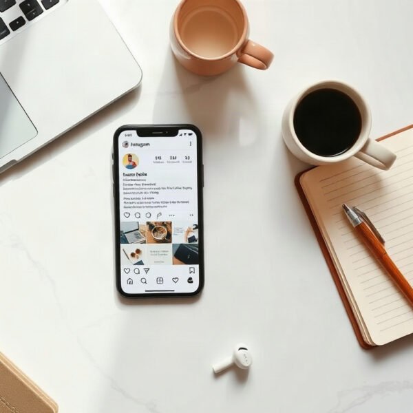 릴스 만들기 - flat lay of smartphone showing Instagram Reels interface on white desk, reels making concept with notes and earphones
