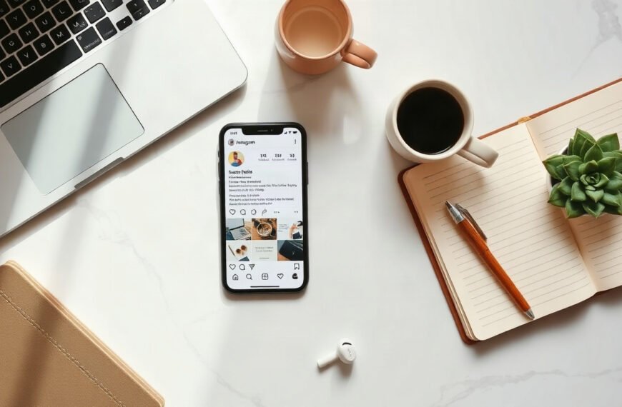 릴스 만들기 - flat lay of smartphone showing Instagram Reels interface on white desk, reels making concept with notes and earphones