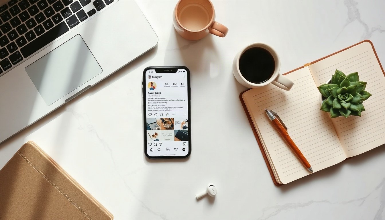 릴스 만들기 - flat lay of smartphone showing Instagram Reels interface on white desk, reels making concept with notes and earphones