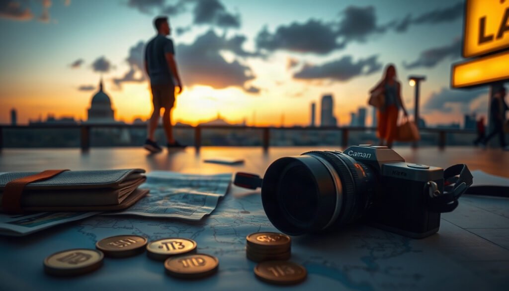 완도군 반값 - flat lay of travel items including map, camera, and coins on white background, Wando County half-price travel support program concept