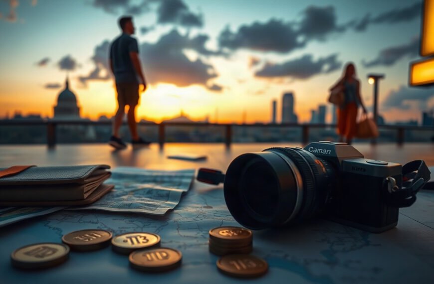 완도군 반값 - flat lay of travel items including map, camera, and coins on white background, Wando County half-price travel support program concept