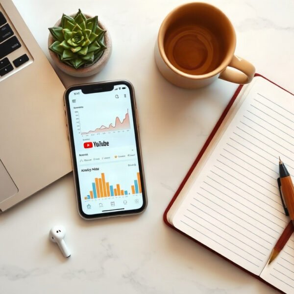 유튜브 알고리즘 - flat lay of smartphone showing YouTube interface with analytics graph and notebook on white desk, YouTube algorithm concept